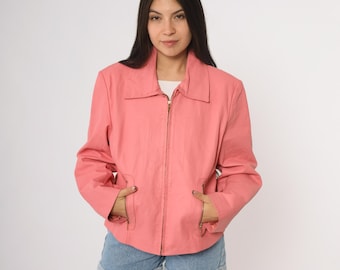 Pink Leather Jacket Y2K Moto Racer Biker Streetwear Women’s Large L Zip Front Pockets  2000s Vintage Genuine Leather Coat Barbie Core
