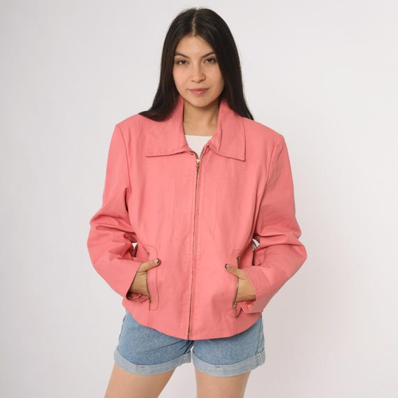 Pink Leather Jacket Y2K Moto Racer Biker Streetwear Women’s Large L Zip Front Pockets  2000s Vintage Genuine Leather Coat Barbie Core