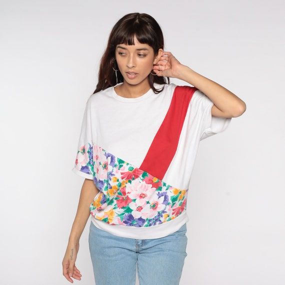 Slouchy Floral Top 80s Floral Shirt White Red Str… - image 2