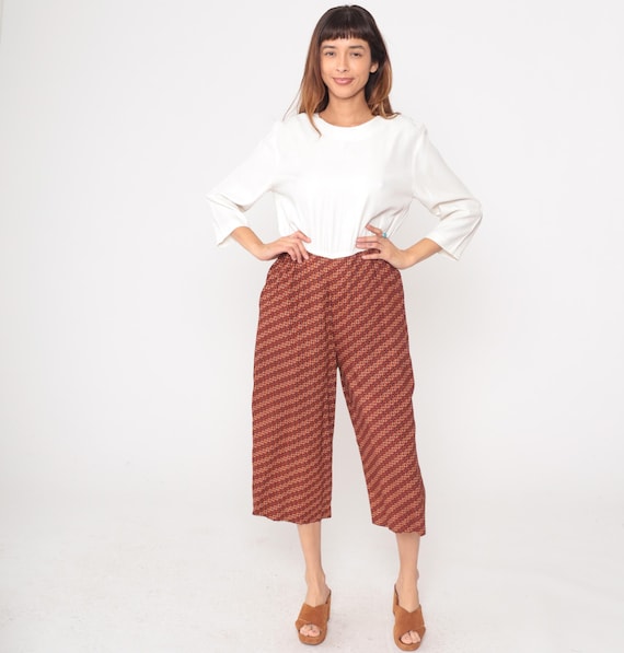 80s Bohemian Palazzo Jumpsuit Vintage Wide Leg Pants White Blouse Red Orange Geometric Floral Print One Piece Summer Outfit Large L