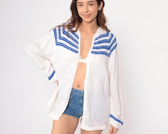 Cárdigan de punto blanco y azul de los años 70, manga larga, cuello en V, ribete de rayas, estilo vintage, académico, preppy, crema, tenis, golf, atlético, nerdcore, talla mediana, M