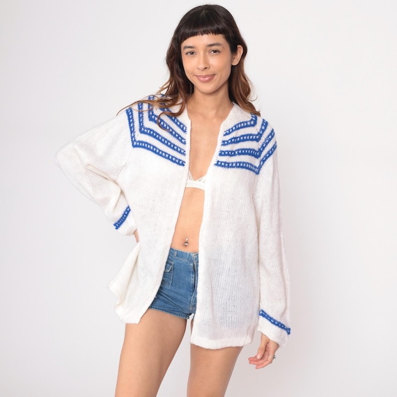 70s White Blue Knit Cardigan Long Sleeve V Neck Striped Trim Sweater Vintage Academic Preppy Cream Tennis Golf Athletic Nerdcore Medium M