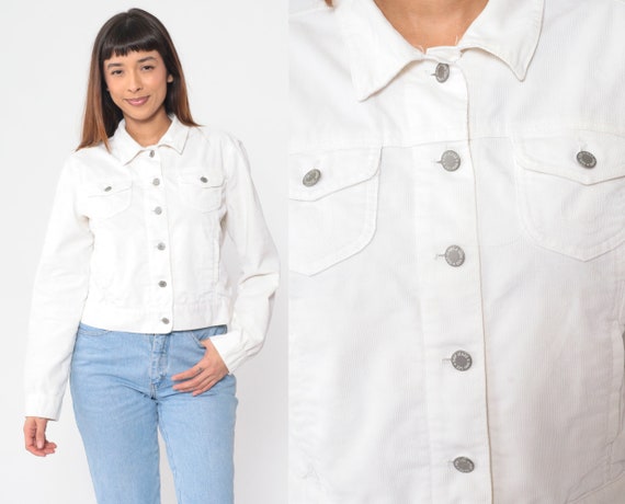 White Corduroy Jacket Y2K Button up Cropped Jacket Retro Basic Plain Simple Spring Streetwear Minimalist Casual Vintage 00s The Gap Large L