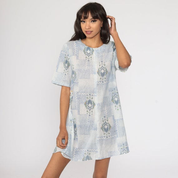 Mod Mini Dress 60s Geometric Print Boho Hippie Gogo Minidress Light Blue Shift Short Sleeve Vintage 70s Twiggy Go Go Large