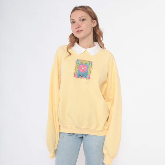 Floral Embroidered Sweatshirt 90s Collared Yellow White Cotton Pullover Cottagecore Coquette Fairycore Long Sleeve Vintage Extra Large XL