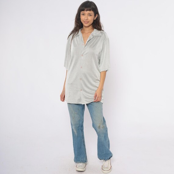 90s Silver Shirt Button Front Collared Tunic Slee… - image 6