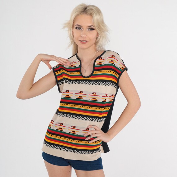 Southwestern Top 70s Knit Shirt Cream Red Green Yellow Bird Print Striped Cap Sleeve Blouse Retro Bohemian Hippie Black Vintage 1970s Small