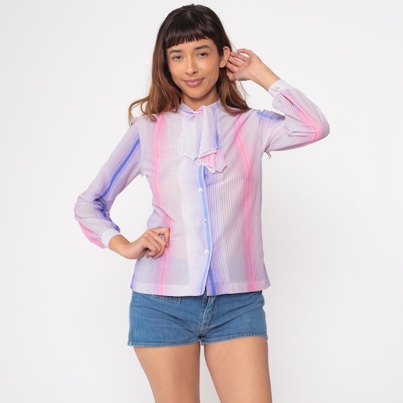 Pastel Striped Blouse 70s Vintage Pussy Bow Button Up Pink Blue Secretary Top Tie Neck Office Wear Preppy Disco Colorful Rainbow Small S