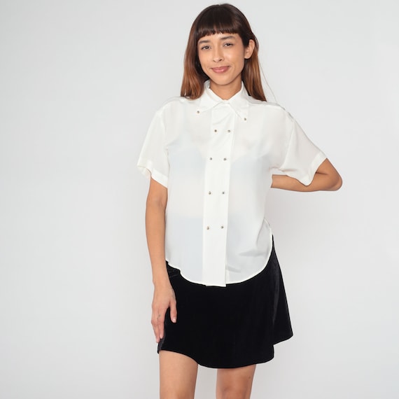Cream Blouse 90s Double Breasted Button Up Shirt Pointed Collar Retro Plain Simple Short Sleeve Top Semi-Sheer Preppy Vintage 1990s Small S