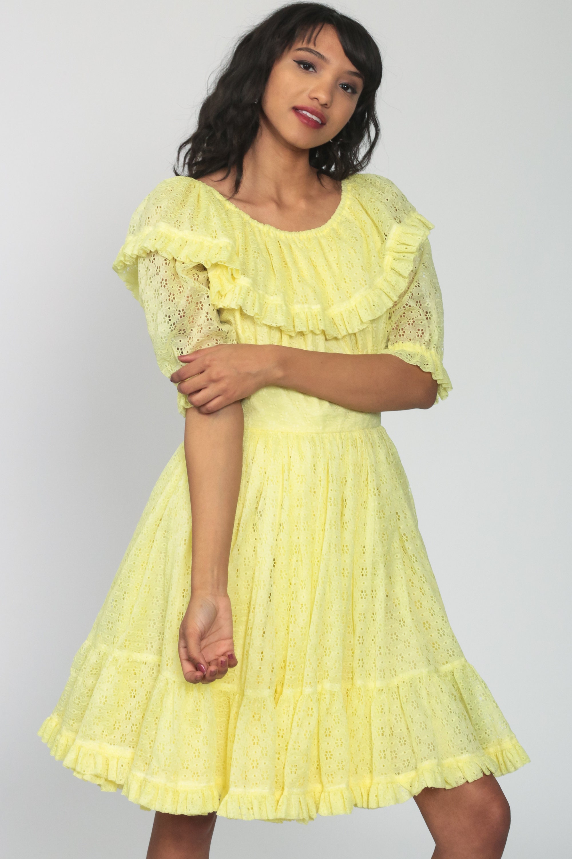 Yellow Lace Dress 70s Country Dress Dance Square Dancing