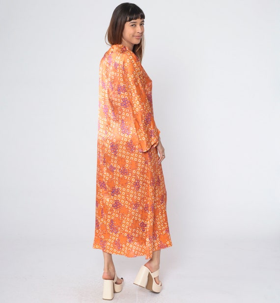 70s Maxi Bell Sleeve Dress Orange Psychedelic Lea… - image 5