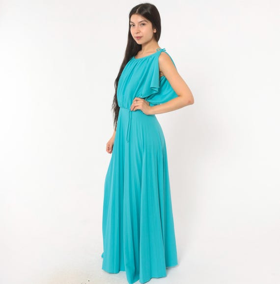 70s Turquoise Maxi Dress Cold Shoulder Flutter Sleeve Blouson Bodice Floor Length Gown Aqua Teal Pleated Skirt Grecian Goddess Disco Medium