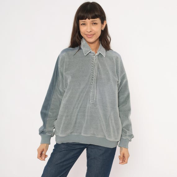 80s Velour Polo Sweatshirt Grey Blue Collared Pullover Cotton Long Sleeve Ribbed Cuff Waistband Relaxed Fit Vintage Slate Top Medium M