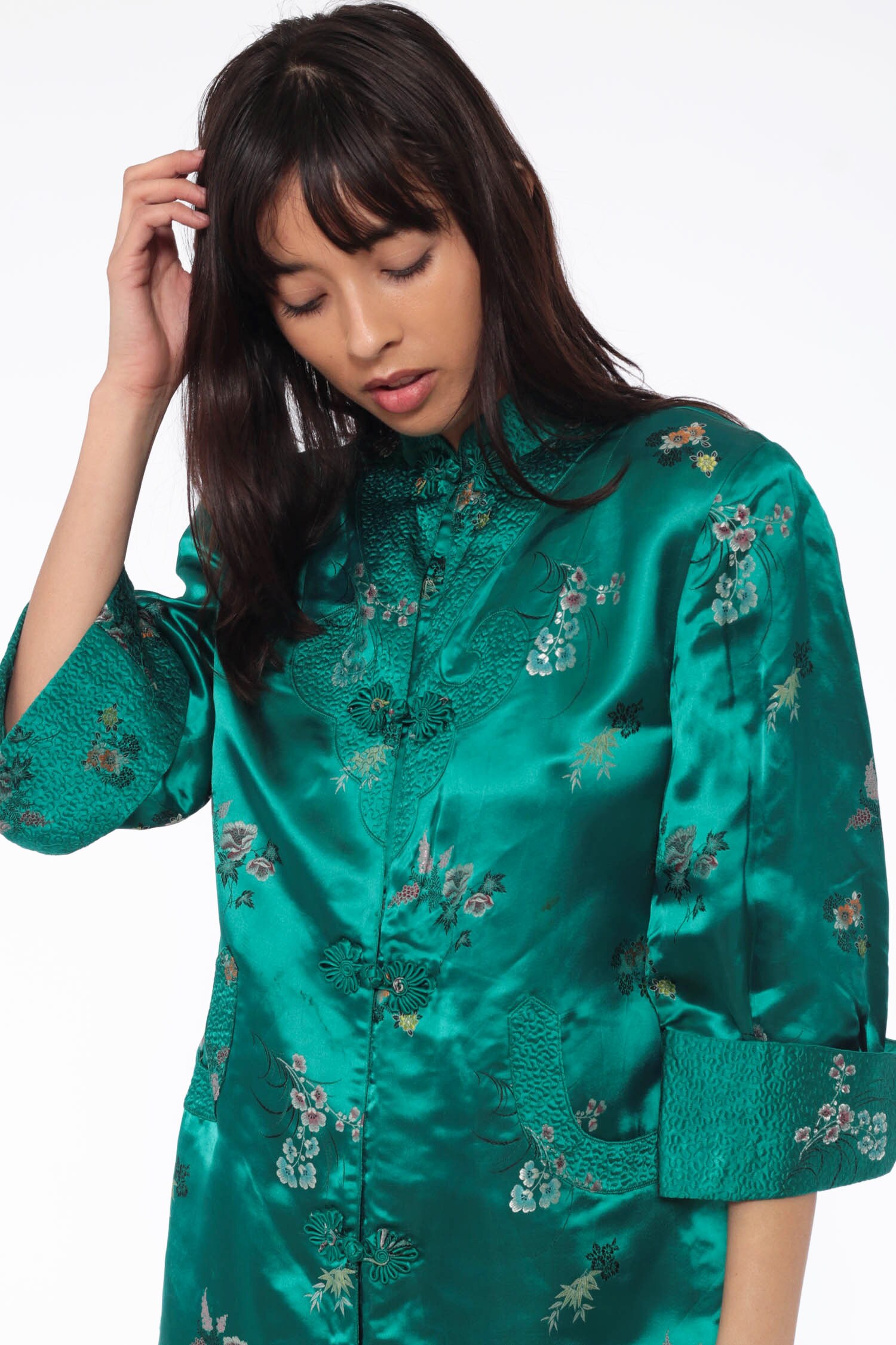 Green Chinese Robe Jacket Satin Asian Robe Lounge Dress Bohemian Frog Closure Dressing Gown