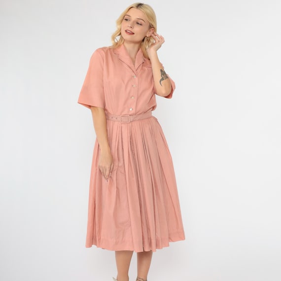 Vintage 50s Pink Dress The Texas Shirtwaist Pleated Skirt Button Up Dress Belted 1950s Midi Dress Shirtdress Mid Century Small