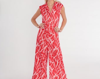 70-tals Jumpsuit Bell Bottom Byxdress Dragkedja Röd Vit Abstrakt Mönster Vida Ben Sparkdräkt Ärmlös Krage Sommar Vintage 1970-tal Medium M