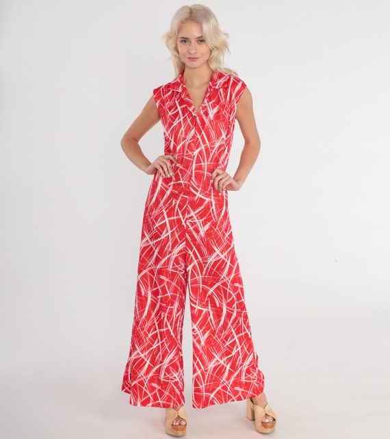 70s Jumpsuit Bell Bottom Pantsuit Zip Up Red White Abstract Print Wide Leg Romper Pants Sleeveless Collared Summer Vintage 1970s Medium M