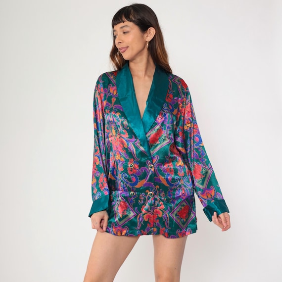 Vintage Floral Satin Pajama Top Teal Victoria's Secret Lingerie Pajama Shirt 90s Double Breasted Button Up Sleep 1990s Long Sleeve Medium