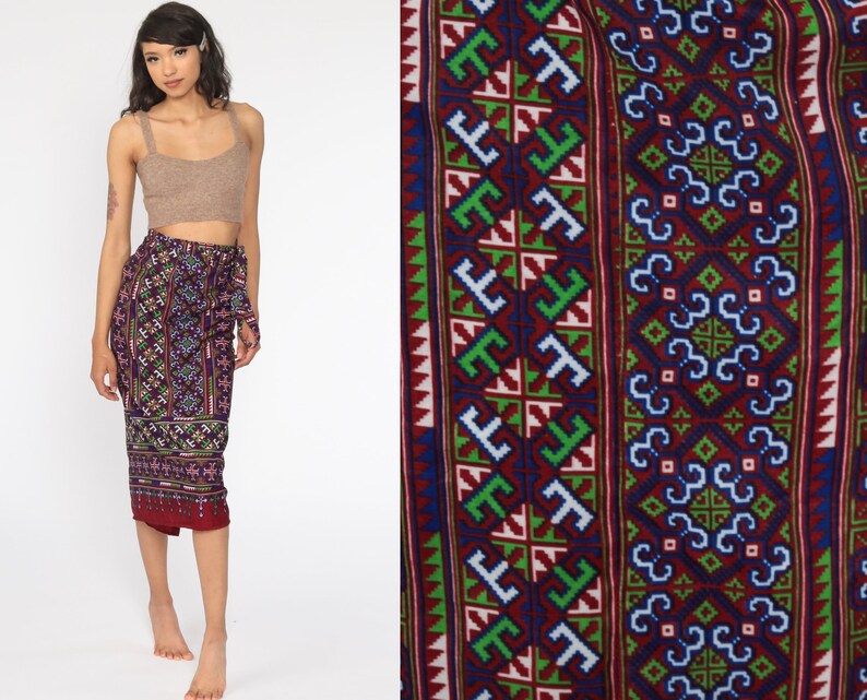 Tribal Wrap Skirt Midi Wrap Skirt 90s Boho Skirt 1990s Knee Length Festival Bohemian Red Blue Small Medium Large
