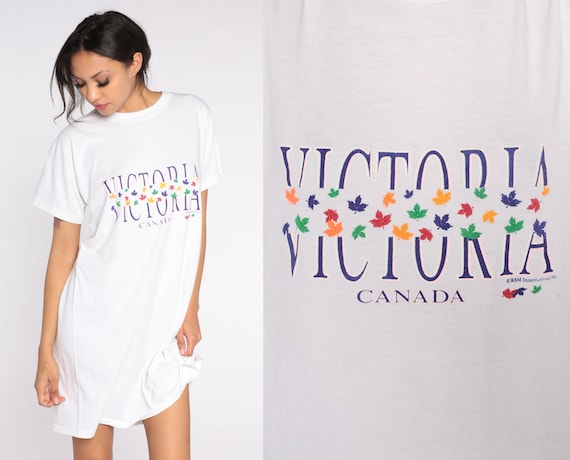 Victoria BC Tshirt Dress -- 90s Canada Dress Travel Souvenir Dress 1990s Graphic Summer Dress Graphic T Shirt White Small Medium Large