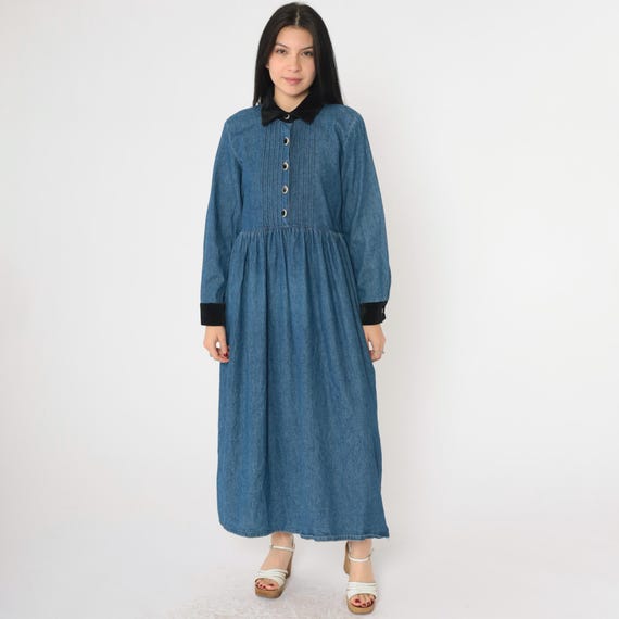Vintage Denim Maxi Dress 90s Jean Velvet Collar Button Up 1990s Grunge High Waisted Pleated Blue Normcore Long Sleeve Medium Petite M