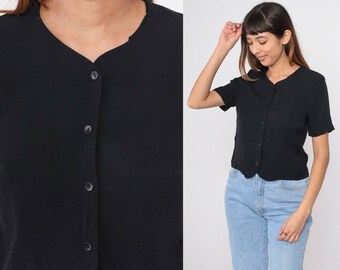 Black Button Up Blouse 90s Short Sleeve Shirt Classic Simple Top Collarless Plain Princess Seam Retro Vintage 1990s Small Petite 6 P