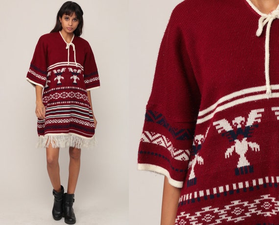 Poncho Dress Southwestern Dress Boho Hippie 70s Bohemian Mini Tunic Ethnic Knit Burgundy FRINGE Dress 1970s Vintage Festival Extra Large xl
