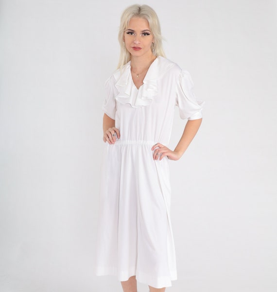 White Ruffle Dress 70s Puff Sleeve Midi Dress High Waisted Party Vintage V Neck Casual Dress 1970s Minidress Medium Large