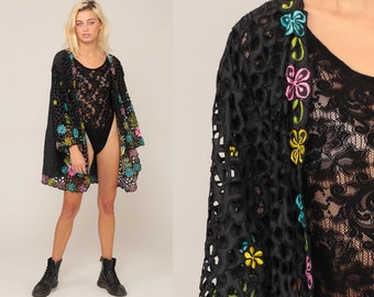 Bestickte Jacke 90er Jahre Boho Cut Out Floral KIMONO Sheer Black Lace 1990er Jahre Boho Cutwork Vintage Hippie Festival Cutout Small Medium Large