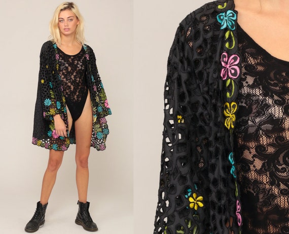 Embroidered Jacket 90s Boho Cut Out Floral KIMONO Sheer Black Lace 1990s Bohemian Cutwork Vintage Hippie Festival Cutout Small Medium Large