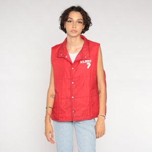 Red Puffer Vest 80s Ski Vest KUED 7 PBS Utah News Puffy Sleeveless Jacket Snap Up Skiwear Retro Winter Streetwear Vintage 1980s Large xl l
