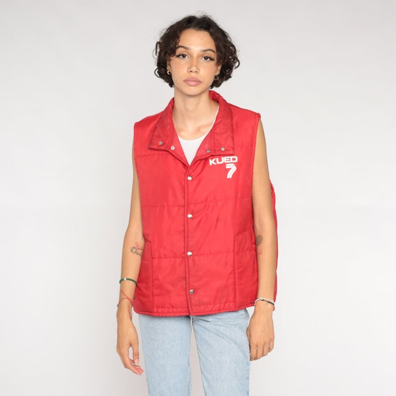 Red Puffer Vest 80s Ski Vest KUED 7 PBS Utah News Puffy Sleeveless Jacket Snap Up Skiwear Retro Winter Streetwear Vintage 1980s Large xl l
