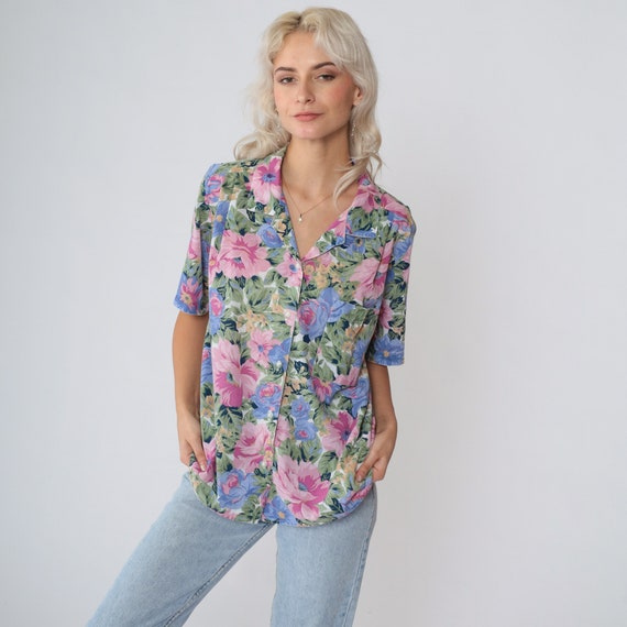 Floral Blouse 90s Button up Shirt Short Sleeve Top Flower Rose Print Collared Summer Boho Retro White Blue Pink Green Vintage 1990s Medium M