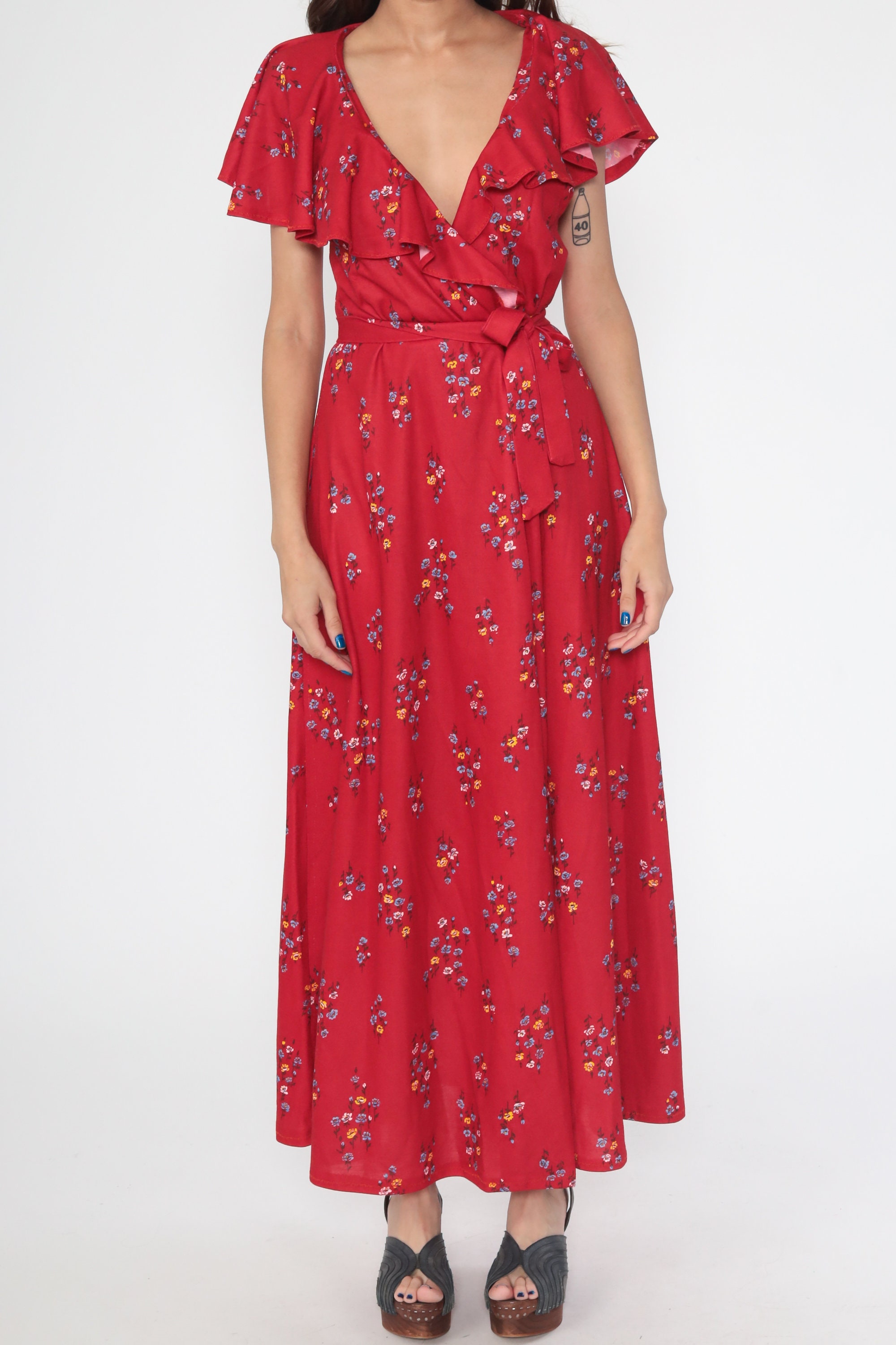 Floral Maxi Dress 70s Wrap Boho Chic Flutter Sleeve 1970s Deep V Neck