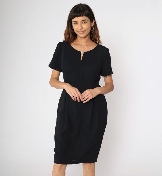 90s Black Midi Dress Rhinestone Clasp Pencil Dress Plain Short Sleeve Sheath Dress Chic Classic LBD Cocktail Vintage 1990s Medium 10
