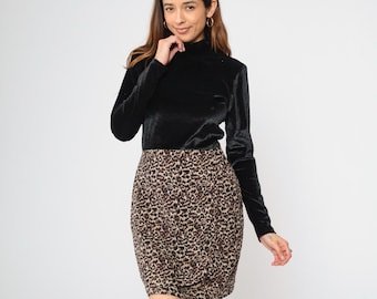 90s Velour Leopard Vestido Animal Print Vestido Mini Negro Mock Neck Vestido Alta Cintura Wrap Falda 1990s Vintage Manga Larga Pequeño Mediano