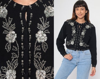 Beaded Floral Cardigan 90s Silver Sequin Sweater Black Angora Wool Blend Button Up Flower Formal Glam Knitwear Vintage 1990s Medium Large