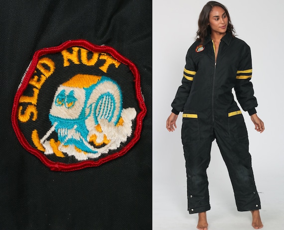 Vintage Ski Suit Sled Nut Patch Black One Piece Sn