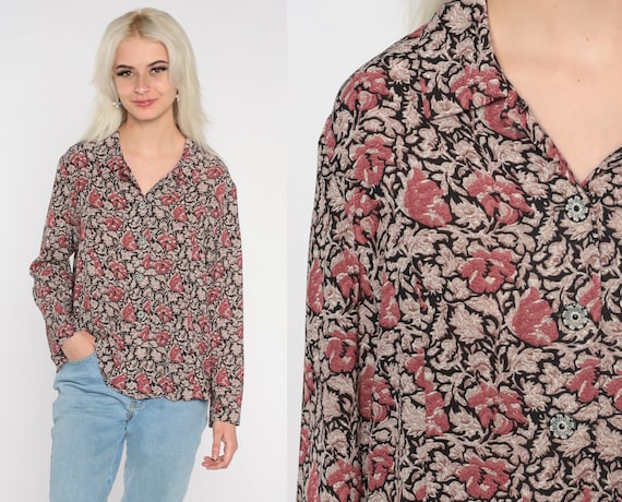 Floral Button Up Shirt Y2K Grunge Blouse Boho Long Sleeve Collared Top Retro Flower Print Hippie Bohemian Ornate Buttons Vintage 00s Small S