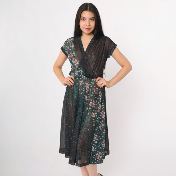 sheer floral wrap dress Womens Small Sheer Floral Diamond Print Hi Low Wrap Maxi Dress Side Tie Ruffles!