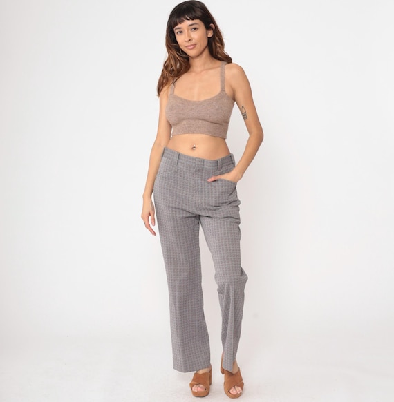 70s Plaid Pants Grey Checkered Pattern Straight Leg Trousers Cotton Blend High Waisted Office Work Vintage 1970s Professional Medium M