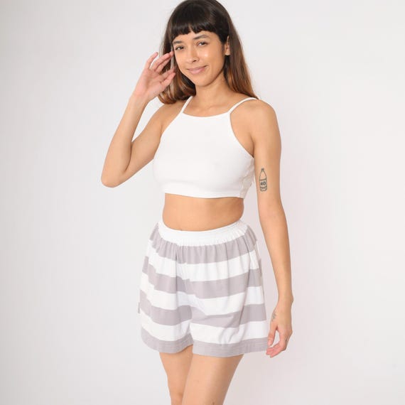 90s Striped Shorts Grey White Baggy Shorts Liz Claiborne Shorts Cotton Blend Gym Athletic High Elastic Waist 1990s Vintage Petite Small xs