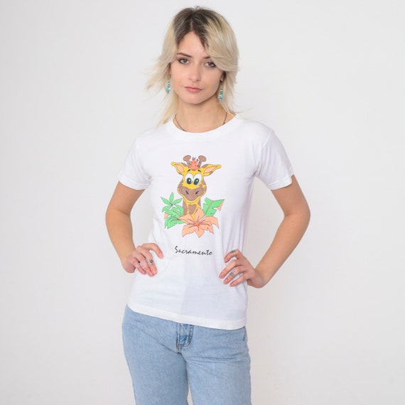 Sacramento Giraffe T Shirt 90s Front Back Sacramento Zoo Shirt Tail Applique Safari Tshirt California Graphic Retro Tee White Vintage 2xs