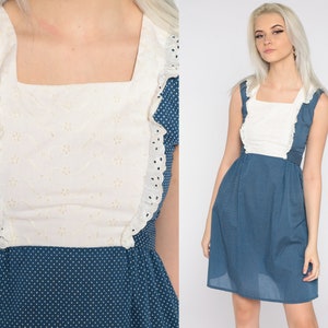 70s Babydoll Dress Blue Polka Dot Mini Dress Eyelet Lace Bib Dress 1970s 60s Mod White Empire Waist Bohemian Ruffle Extra Small xs image 1