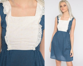 70s Babydoll Dress Blue Polka Dot Mini Dress Eyelet Lace Bib Dress 1970s 60s Mod White Empire Waist Bohemian Ruffle Extra Small xs