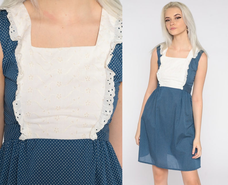 70s Babydoll Dress Blue Polka Dot Mini Dress Eyelet Lace Bib Dress 1970s 60s Mod White Empire Waist Bohemian Ruffle Extra Small xs image 1