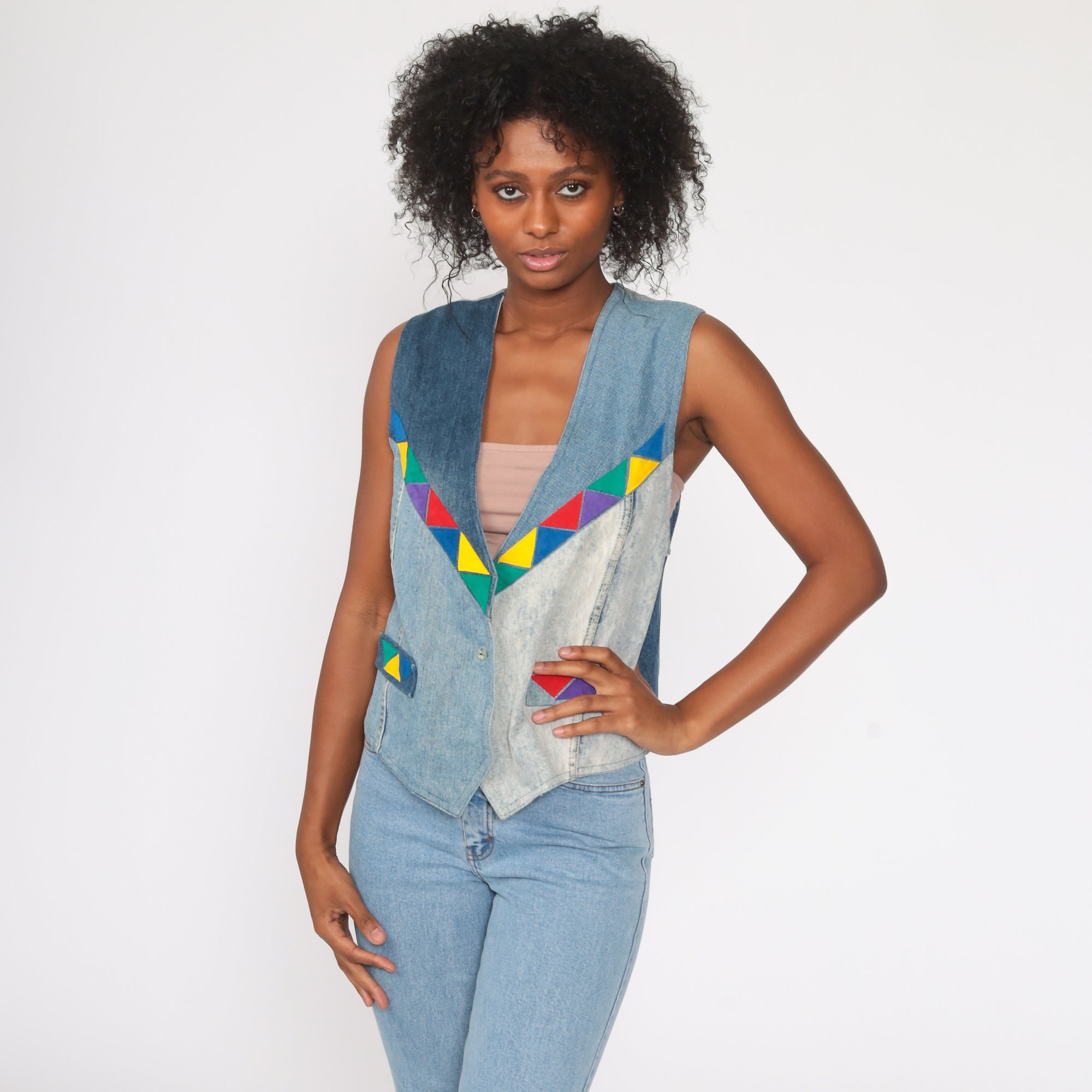 Patchwork Denim Vest Top 80s Jean Shirt Sleeveless Jean Blue | Etsy