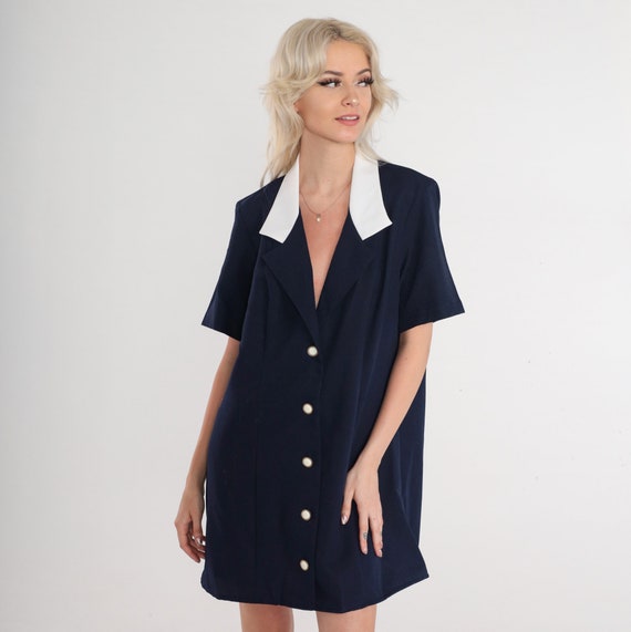 Navy Blue Mini Dress 80s Plain Button Up Dress Collared Shirtdress Short Sleeve Shift Retro Preppy Casual Chic Basic Vintage 1980s Large L