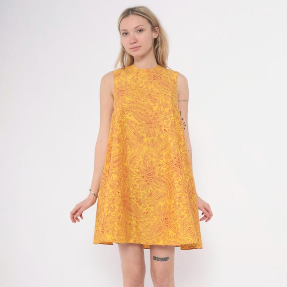 60s Paisley Dress Yellow Gold Red Burgundy Sleeveless Shift Cotton Vintage Mod Psychedelic Mod Summer Spring Go Go Tent Style Extra Small XS