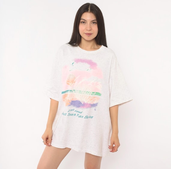 90s Sunset Beach Race Series Tee Pastel Heathered Cotton Short Sleeve Running Event Souvenir Florida Tropical Shirt Vintage Extra Large XL
